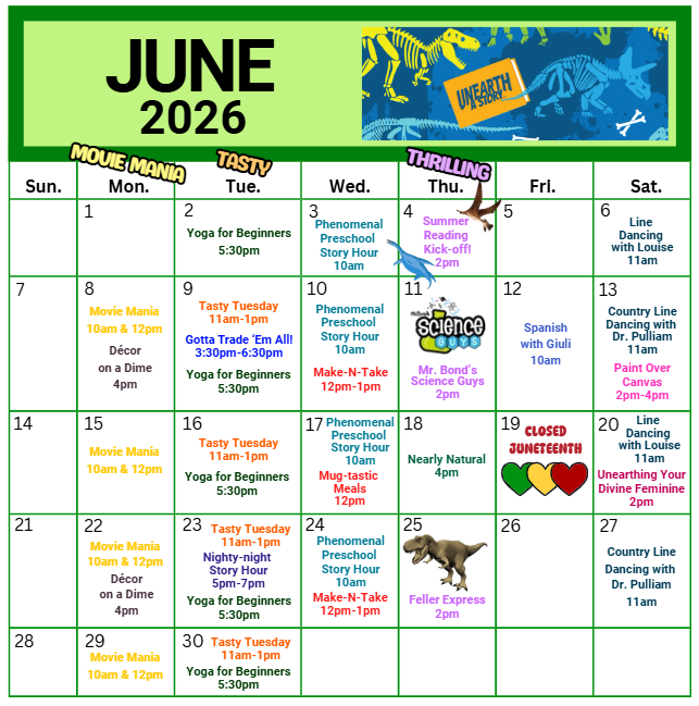 goodnight_lib's tweet photo. Got your schedule planned yet? Don't miss out on all of the roar-iffic things going on here at the Library during our Summer Reading Program! You can always stay informed with our calendar of events and newsletter. 🦖 https://t.co/QGBQ5p3Awe