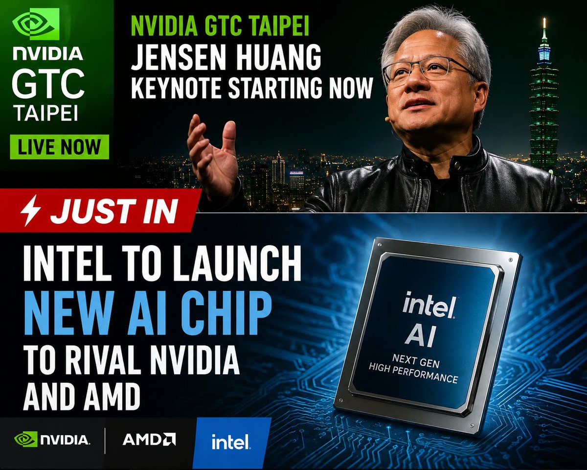 Wave3NGR's tweet photo. The global AI race is back in focus today as Nvidia's GTC event kicks off in Taipei, with CEO Jensen Huang delivering a highly anticipated keynote address. Investors and technology enthusiasts are watching closely for announcements on next-generation AI infrastructure, chips, and partnerships that could shape the future of artificial intelligence.

Meanwhile, Intel has added fresh competition to the sector by announcing plans to launch a new AI chip designed to challenge the dominance of Nvidia and AMD. The move signals Intel's determination to regain market share in the rapidly expanding AI hardware market.

With Nvidia showcasing its latest innovations and Intel preparing a direct challenge, the battle for AI leadership is intensifying.

 The question now is: Can Intel close the gap, or will Nvidia continue to dominate the AI revolution?