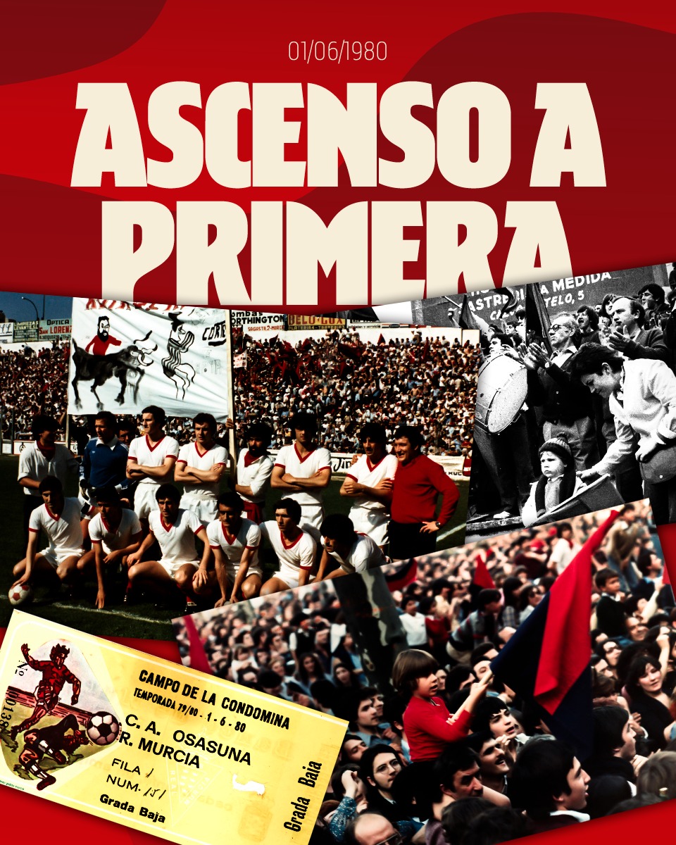 Osasuna's tweet photo. 🔙 Tal día como hoy, en 1980, vencimos al Real Murcia y ascendimos a Primera División.

El gol de Rández sirvió para conseguir el triunfo en La Condomina (0-1) y nos dio el ascenso a la máxima categoría. https://t.co/YRdFYbNgH8