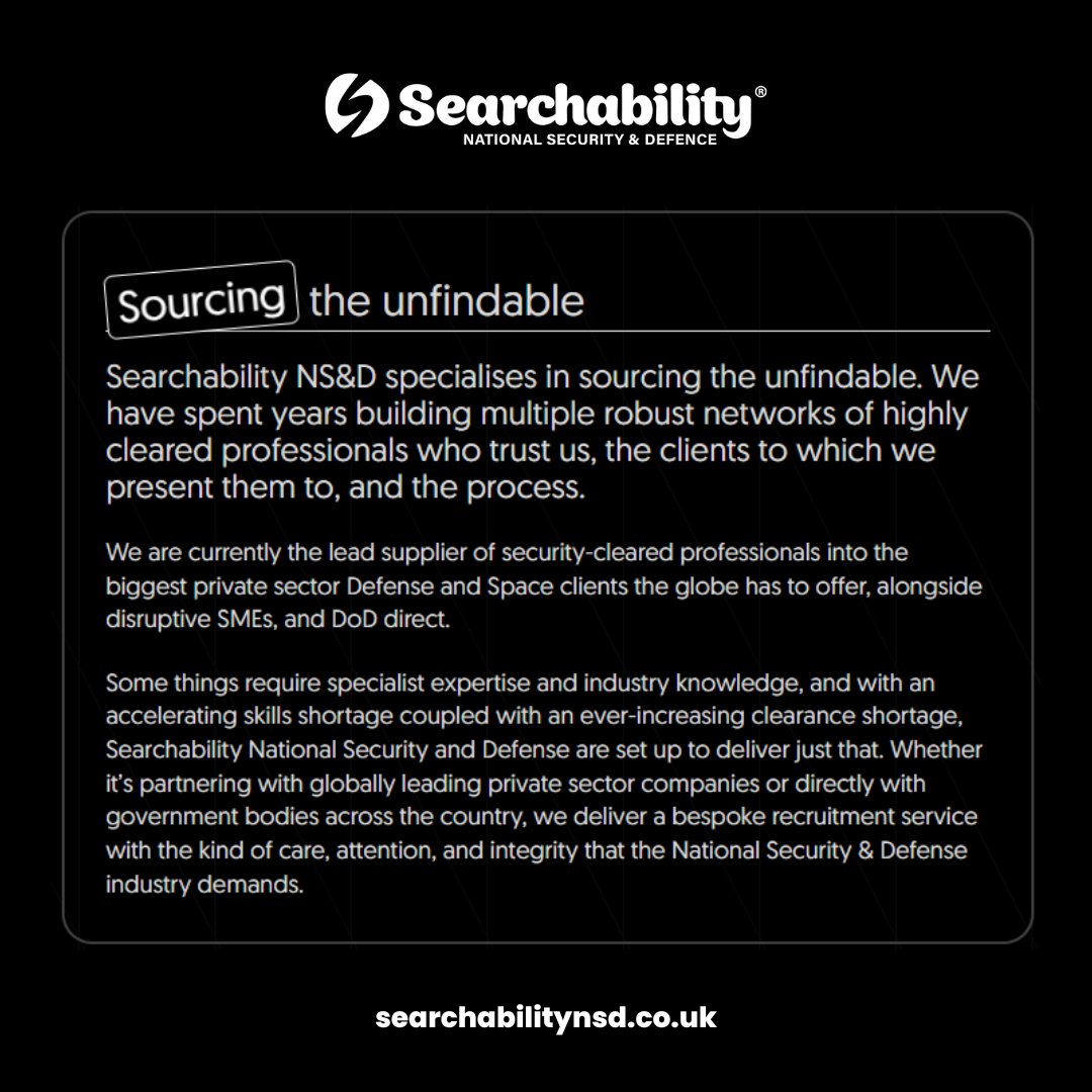 SearchabilityNS's tweet photo. Some things require specialist expertise and industry knowledge, and with an accelerating skills shortage coupled with an ever increasing clearance shortage, we are set up to deliver just that.

Find out more: https://t.co/A3nkoa3Qtv https://t.co/1lHmEQDXGm
