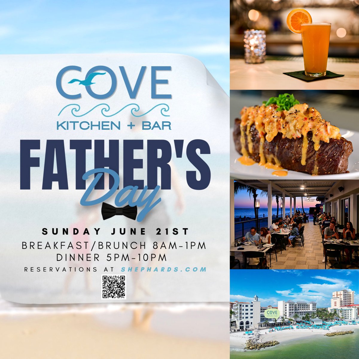 ShephardsResort's tweet photo. Celebrate Dad on Sunday, June 21st with breakfast and brunch served beachside ☀️🌴 at COVE Kitchen + Bar from 8 AM–1 PM, inside or on our waterfront patio overlooking the white sands of Tiki Beach. Try our steak and eggs, Belgian waffles, or biscuits and gravy! 🧇

Dinner is served from 5 PM–10 PM, featuring coastal flavors and chef-crafted favorites Dad will love. Enjoy a choice New York strip, Tomahawk pork chop, or tempura fried shrimp while taking in the waterfront views. 🍽️🌅

Reservations are strongly suggested at https://t.co/5SZBp4aXI4.

Walk-ins are welcome! Receive validated parking when you dine at COVE — we’re open to the public.

#clearwaterbeach #tampabay #waterfrontrestaurant