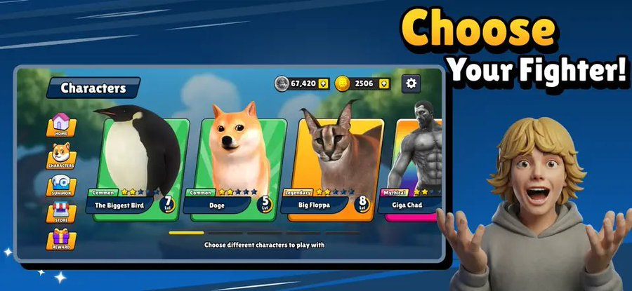 memewarsfun's tweet photo. YOUR FAVORITE MEMES AS FIGHTERS Doge, Giga Chad, Big Floppa, Biggest Bird, 67 Kid and more. 

Every fighter has unique move sets, combos, and ultimates. 

New legends drop every season. https://t.co/VSPM1SI7kY