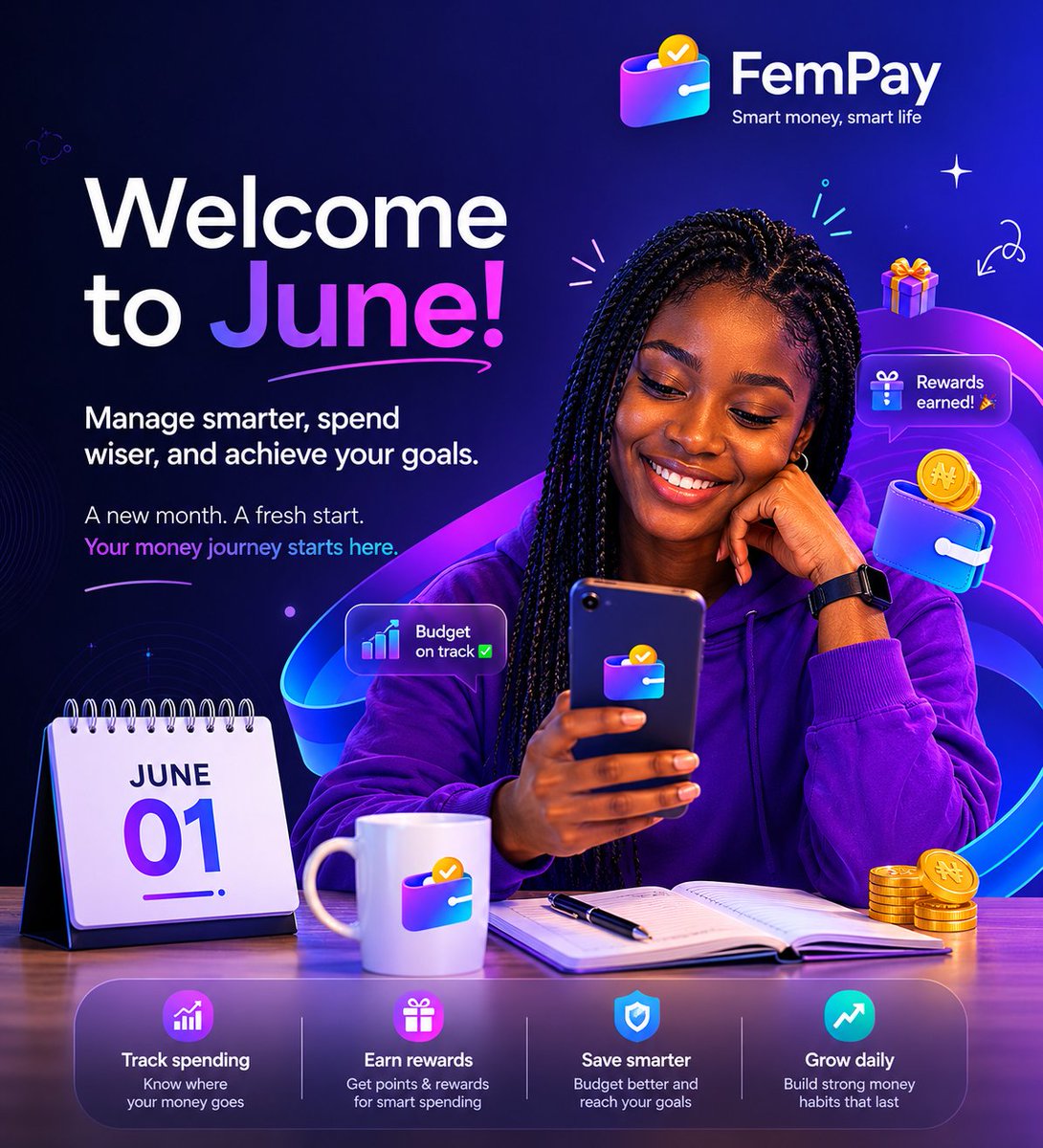 UseFempay's tweet photo. 🚀 Welcome to June!

New month. New goals.

Manage smarter, spend wiser, and achieve your goals with FemPay.

💜 Smart money. Smart life.

#FemPay #Fintech https://t.co/pc39XvhPOv