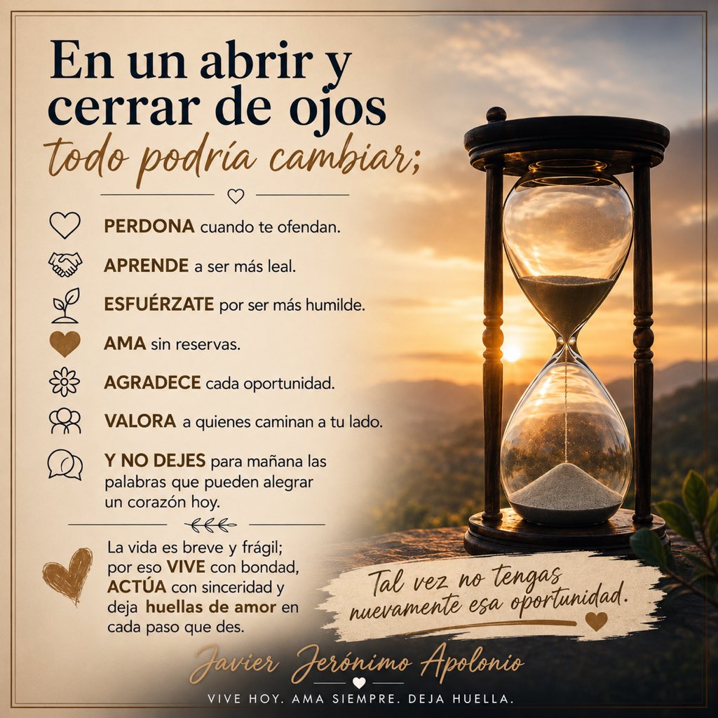 JavierJeronimoA's tweet photo. En un abrir y cerrar de ojos todo podría cambiar;

PERDONA cuando te ofendan.
APRENDE a ser más leal.
ESFUÉRZATE por ser más humilde.
AMA sin reservas.
AGRADECE cada oportunidad.
VALORA a quienes caminan a tu lado.
Y NO DEJES para mañana las palabras que pueden alegrar un corazón https://t.co/ga7AXEHW7T