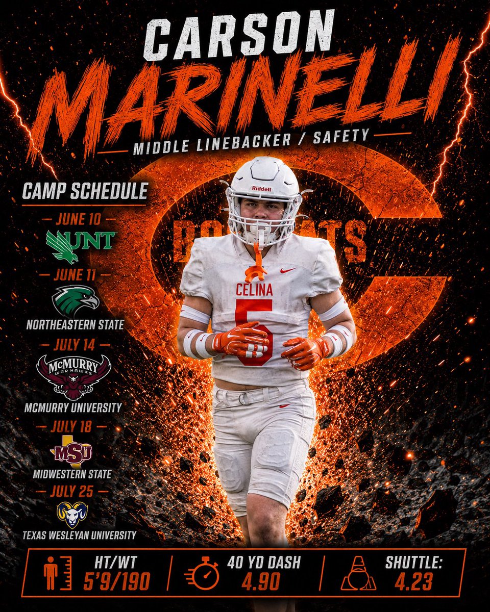 CarsonMarinelli's tweet photo. Excited to attend the following summer Football camps and the opportunity to build relationships and get better!  @CoachBindel @CoachCastles @Coach_Grayson21 @hearn_coach @MSUTexasFB @NSU_Football @McMURRYFOOTBALL @TxWesFootball @celina_football @RecruitCelinaFB https://t.co/yxYrABcCHG