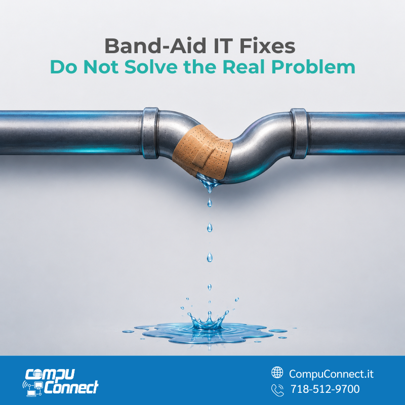 CompuConnectNYC's tweet photo. Band-Aid IT fixes may get your team moving for the moment.

A quick restart.
A temporary workaround.
A patch that seems good enough.

But when the same issue keeps coming back, it starts costing time, productivity, and momentum. https://t.co/PkzSPtAIeu