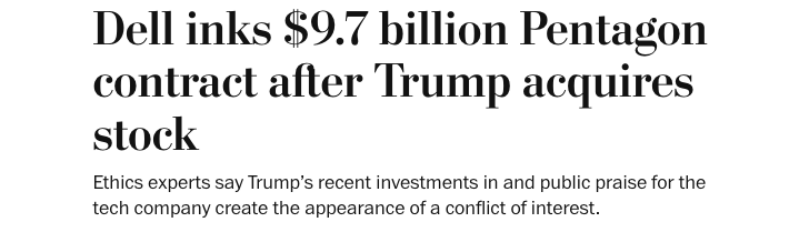 Public_Citizen's tweet photo. Let’s run the timeline:

Feb 10: Trump quietly buys $5M in Dell stock

Feb 19: Trump tells rally crowds to “go out and buy a Dell”

May 27: Pentagon awards Dell a $9.7 BILLION contract

But his “only interest is in the American people?” Sure. https://t.co/JgG8c6GceH
