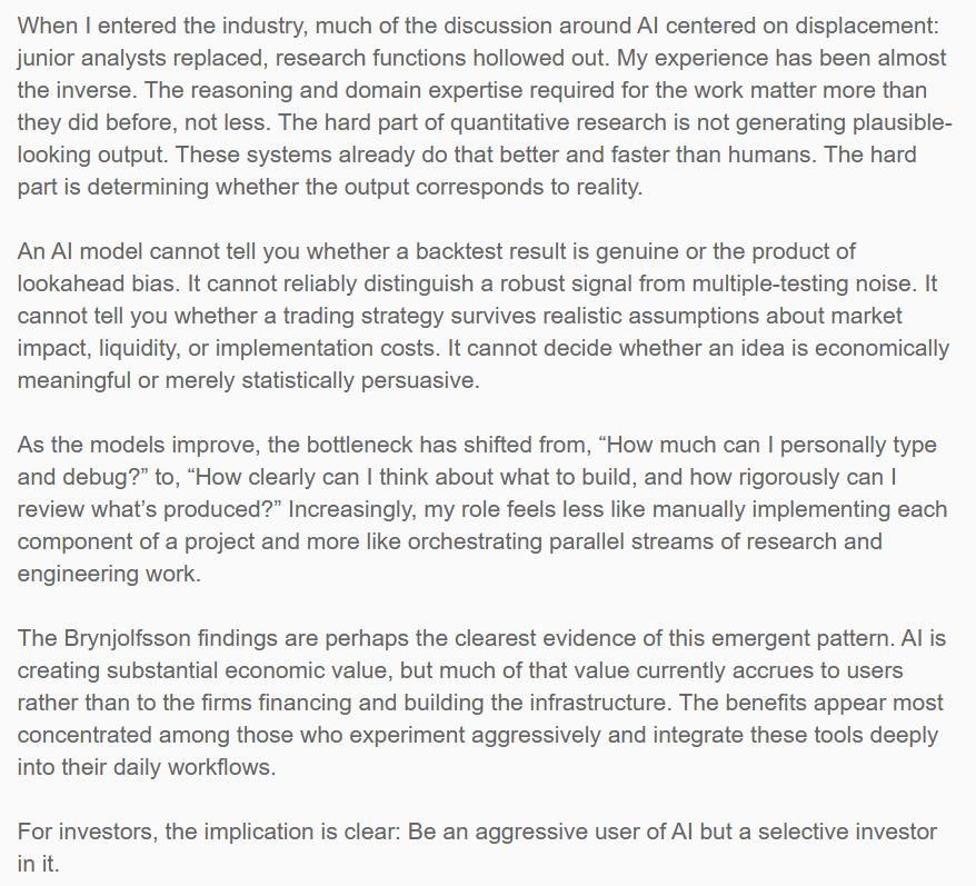 ReformedTrader's tweet photo. "Reasoning &amp; domain expertise matter more than they did before, not less.

"The hard part of quantitative research is not generating plausible-looking output. AI systems already do that faster than humans. The hard part is determining whether the output corresponds to reality." https://t.co/FVI6QmcPK4