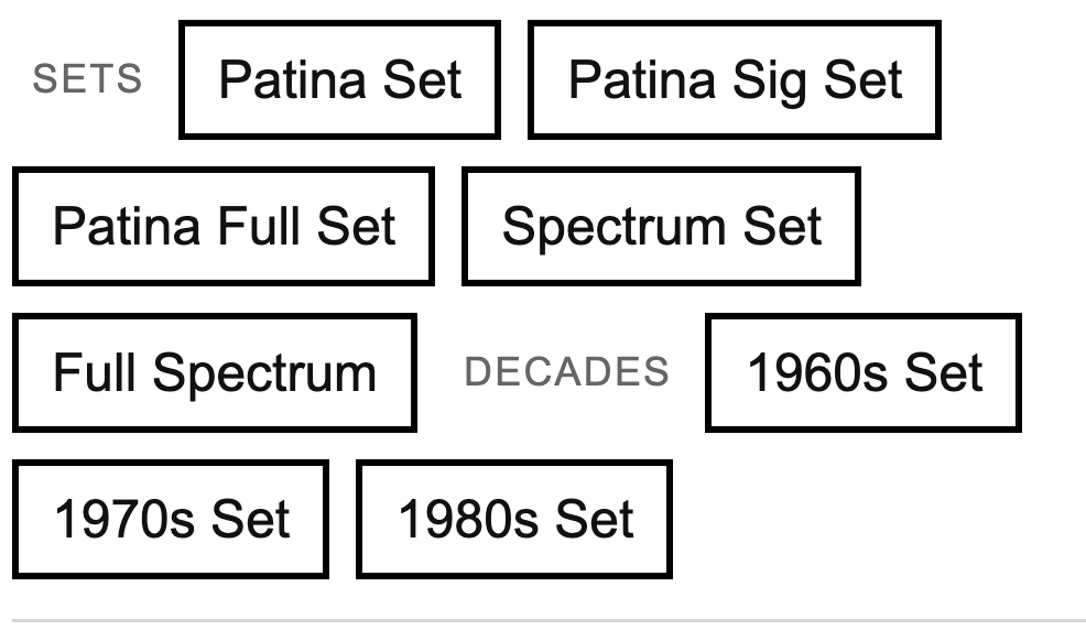 sovrnart's tweet photo. 8/9

Among the CENTS community, sets have begun to emerge. Not all set categories have been integrated into the Lab yet, but these will be rolling out. Currently you can see a leaderboard of decade sets and of patina sets.

Patina Set = one of each of the 4 core patinas (verdigris, obsidian, desert, red)

Patina Sig Set = a significant patina from each of the 4 core patinas

Spectrum Set = one of each of all patinas (including gold and orange)

Full spectrum = a full patina from each of the patina groups (only one collector has achieved this so far)