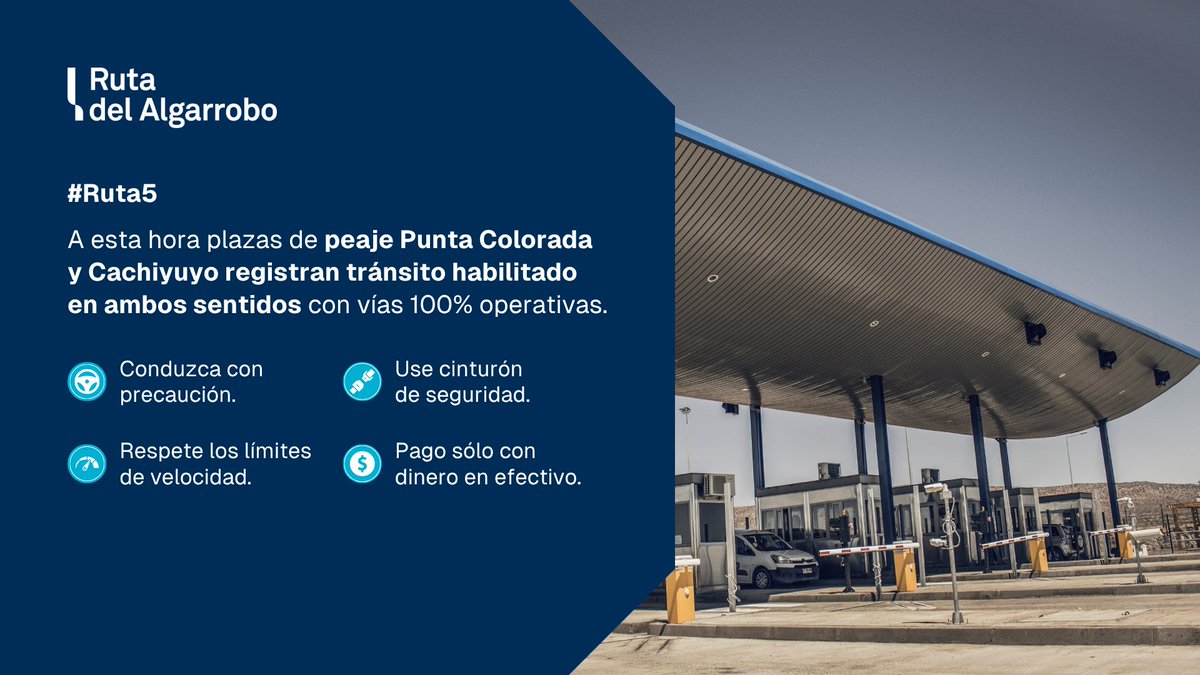 ruta_algarrobo's tweet photo. #RutaDelAlgarrobo 👉 A esta hora plazas de peaje #PuntaColorada y #Cachiyuyo registran tránsito habilitado en ambos sentidos. 💵 Recuerda que el pago del peaje es sólo con dinero en efectivo. El uso del cinturón de seguridad es obligatorio. #Ruta5 #Coquimbo #Atacama https://t.co/rBF4tIwYgZ