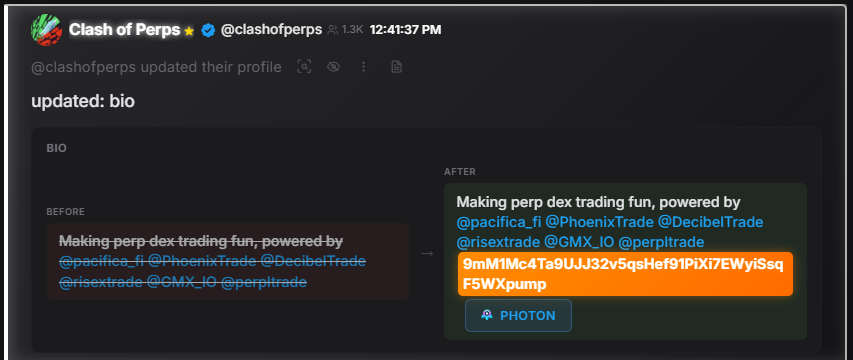 thesis_trades's tweet photo. @clashofperps has endorsed the new pumpfun token

this is insane news. CLahs of Perps is parneted with Phoenix trade and Solana Mobile 2 of the biggest projects built on solana

thie fan token made to send them fees went to 1m and is at 200k on base

https://t.co/aPW4SRPODi https://t.co/Oex7bRBY7O