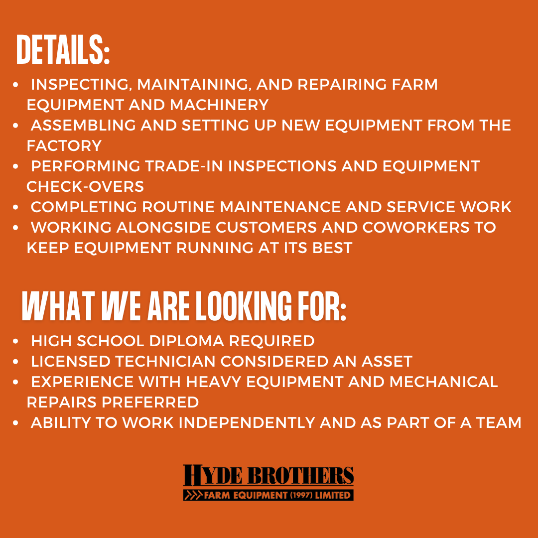 Hyde_Brothers's tweet photo. We're Hiring! Join the Hyde Brothers Team! 🔧

Do you enjoy working with agricultural equipment and solving mechanical challenges? We're looking for a Full-Time Agricultural Equipment Technician to join our team in Hensall, Ontario! https://t.co/FcWuK91bUz
