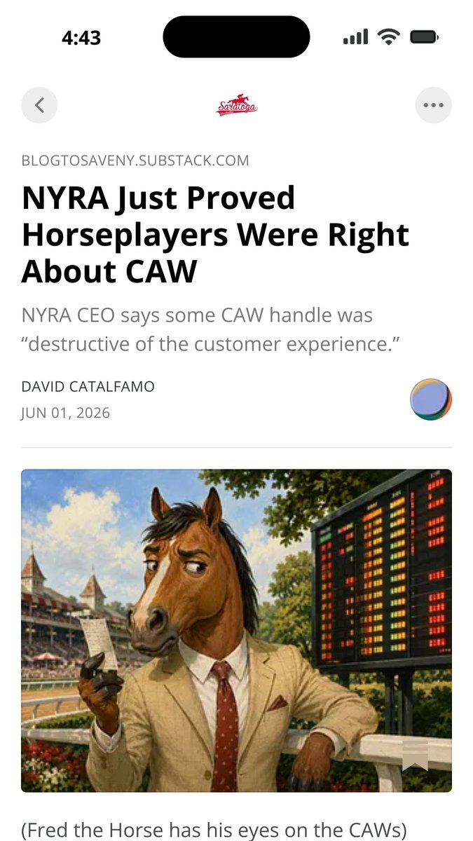 DaveCatalfamo's tweet photo. @TheNYRA  CEO just said certain CAW handle has been “destructive of the customer experience.”

That’s what horseplayers have been saying for years.

Late odds drops. Collapsing payouts. A game that felt tilted toward the machines.

NYRA deserves credit for acting.

Now Saratoga is the test. 

READ MORE:
https://t.co/vxdp0vXpGQ
