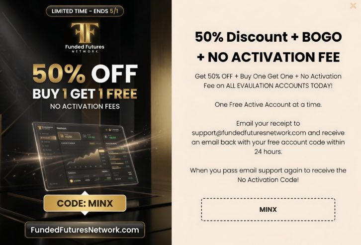 iamJMinx's tweet photo. GIVEAWAY ALERT:  lucky trader can win 1 $50k account to Funded Futures Network 👀  

$50k account is $80 with promo code MINX and you get 2 accounts which ends up being
 $40 per account All-In 

No purchase necessary but when you buy, use code: MINX  Sale ends soon. BOGO + No Activation Fee      Must Follow:
@iamjminx
@FFNFunding
@propfirmtrend

Giveaway ends June 8th 11:59 ET pm 
Retweet and comment MINX  For best discounts Use Code: MINX for any prop firm  Winner Announced within 24-72 hours of this end date. Must claim within 24 hours of notification.  Must Be 18 and older. Ad. No purchase necessary. Free account is for the first month only. If applicable, winner needs to cancel prior to 30 days if the account is not passed in order to not get charged for a renewal.