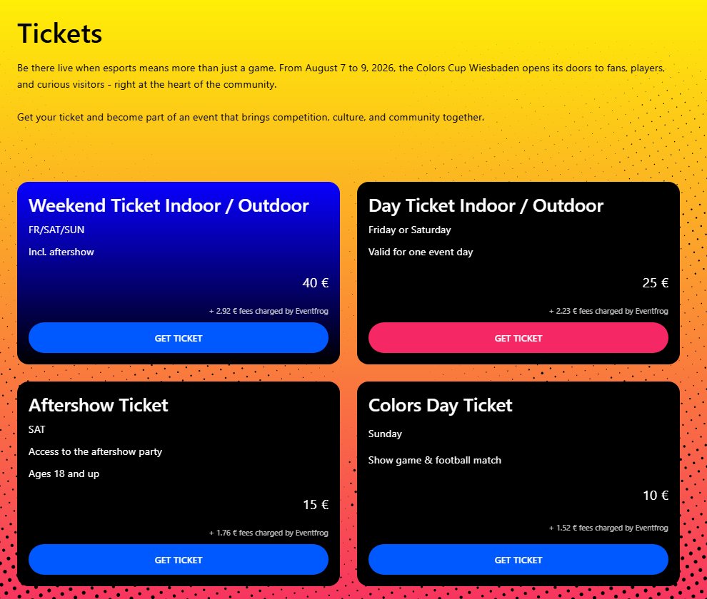 ColorsCup's tweet photo. Website update! 🚀

Our official Colors Cup website is now fully available in English! You can switch between German and English at any time using the DE/EN button in the top right corner.

We've also added ticket prices directly to the website. Simply click the "Get Tickets" button in the top right corner or scroll down to find all ticket information.

In the future, we'll also try to include photos of the LAN location on the website, so everyone can see exactly what to expect before purchasing a ticket.

We're committed to delivering the best German VALORANT tournament possible and always appreciate your feedback, questions, and support. 🫶

Website link in the comments or in our Twitter bio.