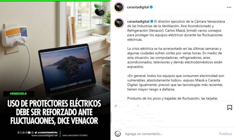 Venacor's tweet photo. @CaraotaDigital El director ejecutivo de Venacor, Carlos Masiá, brindó varios consejos para proteger los equipos eléctricos durante las fluctuaciones eléctricas.
#Protectores #Caraotadigital #Venacor https://t.co/VFBtMFdKdc