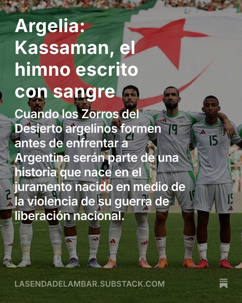 GeCadierno's tweet photo. Te contamos la historia del Kassaman, el himno de Argelia y alguna que otra historia más. Si te gusta ver historias como esta, te invito a suscribirte. Es gratis y a mi me ayuda mucho https://t.co/0CjVEEkmAW #Himnos #Historia #Mundial2026 #Kassaman https://t.co/d4stM3HkUf