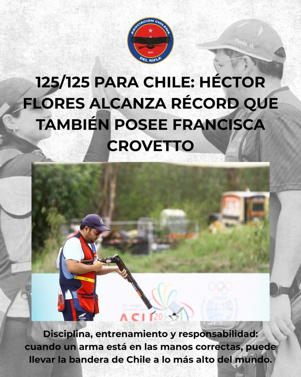 AcdrChile's tweet photo. Chile vuelve a destacar en el escenario internacional del tiro deportivo. Este domingo 30 de mayo, en la Emir Cup 2026 disputada en Todi, Italia, el deportista nacional Héctor Flores alcanzó un hito histórico al acertar 125 de 125 platos en la modalidad de Tiro Skeet, igualando el récord mundial con una puntuación perfecta.

Una marca extraordinaria que no se lograba desde el año 2000 y que representa uno de los mayores hitos posibles dentro de esta disciplina. Un logro que hoy llena de orgullo a Chile y posiciona nuevamente a nuestros deportistas entre los mejores del mundo.

Este récord también conecta con otro gran orgullo nacional: la campeona olímpica Francisca Crovetto, quien posee esta misma marca perfecta de 125/125 platos en categoría femenina. Dos nombres chilenos ligados a una puntuación reservada para la excelencia absoluta del tiro deportivo internacional.

Pero las alegrías para Chile no terminaron ahí. Héctor Flores y Francisca Crovetto también lograron subir al podio en la competencia Mixed Team, obteniendo un destacado tercer lugar y sumando una nueva alegría para nuestro país.

El logro de Héctor Flores representa años de entrenamiento, disciplina, constancia y un altísimo nivel técnico. Una demostración del talento, preparación y compromiso que existe en el tiro deportivo chileno.

Queremos también destacar y felicitar al resto de los deportistas que representaron a Chile en esta importante competencia internacional. En especial, la sobresaliente actuación de Raimundo Roche, quien con tan solo 17 años y compitiendo en categoría junior, logró un impresionante resultado de 120 platos impactados, confirmando un futuro tremendamente prometedor para nuestro deporte.

Felicitaciones a Héctor Flores, Raimundo Roche, Luis Moyano y Francisca Crovetto por representar a Chile en esta competencia, dejando en alto el nombre de nuestro país con esfuerzo, compromiso y excelencia deportiva.

Un arma en las manos correctas puede traer disciplina, excelencia y alegrías a un país entero.