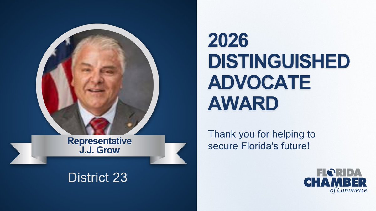 FLChamber's tweet photo. Congrats to Representative @JJGrowFL on receiving a 2026 @FLChamber Distinguished Advocate Award!

He spearheaded legislation to reduce the property tax burden on local businesses and renters while mitigating the impact of a potential tax shift onto job creators.

https://t.co/hDW9RTY5Rl

#FlaPol #FLChamber #DistinguishedAdvocate