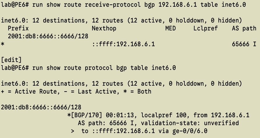 PutStickerOn's tweet photo. 1つ目の方法は物理IFにv4 mapped-addressを追加で付与してnext-hop解決を行う方法です。
Junosはv4 mapped-addressを用いる際は明示的に使用する設定が必要になります。

対向含めて設定を入れると、広報されたv6アドレスがルーティングテーブルに載りました！ https://t.co/HXNr2exIwv
