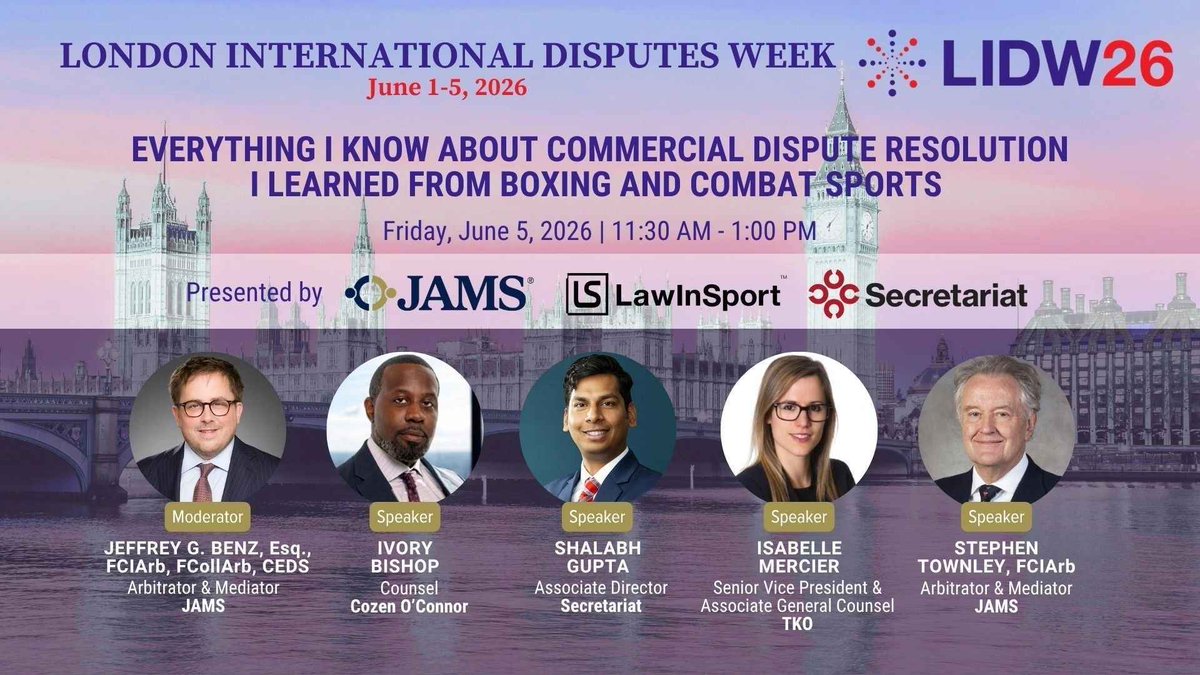 LawInSport's tweet photo. If you work in or have an interest in the sports law space, check out these events taking place over the next two weeks:

▶ Ljubljana Sports Law Conference - 5 June, Ljubliana, Slovenia
▶ Everything I Know About Commercial Dispute Resolution I Learned from Boxing and Combat Sports - 5 June, London, UK 
▶ Motorsport vs Football Governance: Negotiating vs Engineering Competition - 8 June, London, UK & Online
▶ Shaping the Future of Women's Sport - 9 June, Tottenham Hotspur Stadium, UK
▶ Anti-Corruption in Sport Update - 11 June (Online)

Full details and link to our events page in the comments below 👇

#SportsLaw #SportsBusiness