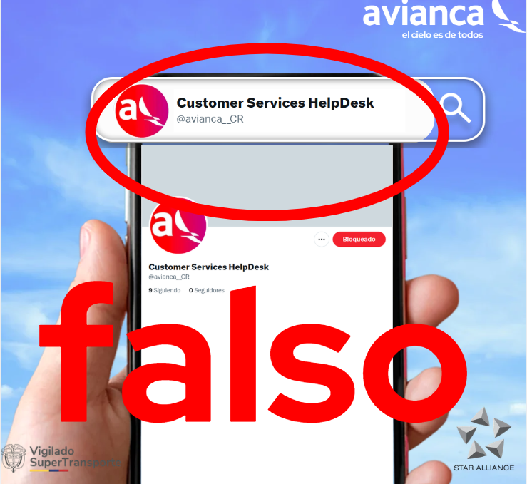 avianca's tweet photo. @juanram95 @aviancateguia Esa cuenta que te escribió es FALSA 😳 Está suplantando nuestras redes sociales para estafar y obtener datos personales. Los únicos canales oficiales son @avianca y @aviancateguia, identifícalos con el sello azul. Protege tu información aquí: https://t.co/ltaGyXmapE https://t.co/eG5lNn6kA1