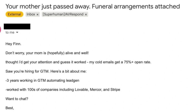 siditweet's tweet photo. Someone sent this cold email with the subject "Your mother just passed away."

I don't think it's fake. Sadly.

I've gotten versions of these. Triggering subject lines. People calling you names just to provoke a reaction. Calendar invites sent cold just to show up in your schedule.

All of it is desperation. And it tells you exactly where cold email is right now.

Cold email has become a website traffic channel. Not a channel where people want to talk to you.

Adam Robinson landed on the honest formula. He spends a few dollars a month, sends millions of emails, says "here's what we do, here's a link," and watches website traffic go up. He is not booking meetings from it. He is getting brand visibility. That is actually the right use case now.

Even if your AI SDR does every piece of research before sending, you are still guessing. You are guessing the person has a budget. You are guessing they do not already have a vendor they trust. You are guessing they have ten minutes for a call. 

Good signals still leave a lot of guesswork.

What is left is a downward spiral. Tools get cheaper, volume goes up, inbox providers fight back, deliverability drops, so people push harder. 

Subject lines get more & more extreme. The inbox gets harder to reach.

Using cold email like cheap display advertising. Here is what we do, here is a link, go check it out. Stop chasing meetings with it. 

This is the reason we pulled out of building cold email products.
