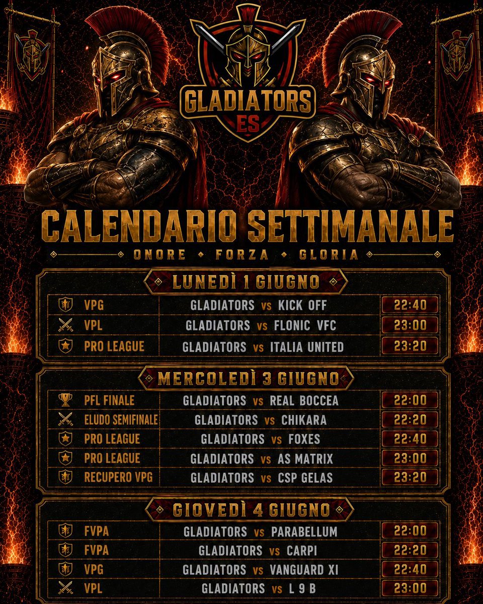 GladiatorsPD's tweet photo. SETTIMANA DECISIVA PER I GLADIATORI ⚔️

Il momento della verità è arrivato.

Una settimana che vale una stagione intera: finali, semifinali, scontri diretti e match fondamentali per confermare il nostro valore su ogni fronte. Ogni partita sarà una battaglia, ogni minuto conterà. https://t.co/tUqJ4pAfN8