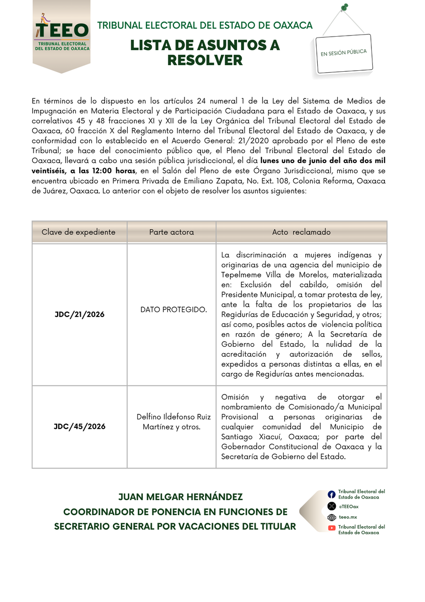 TEEOax's tweet photo. 🗒️ Lista de asuntos a resolver en Sesión Pública
🗓️ 01 de junio de 2026
⌚️ 12:00 horas https://t.co/tlPuSCRmC2