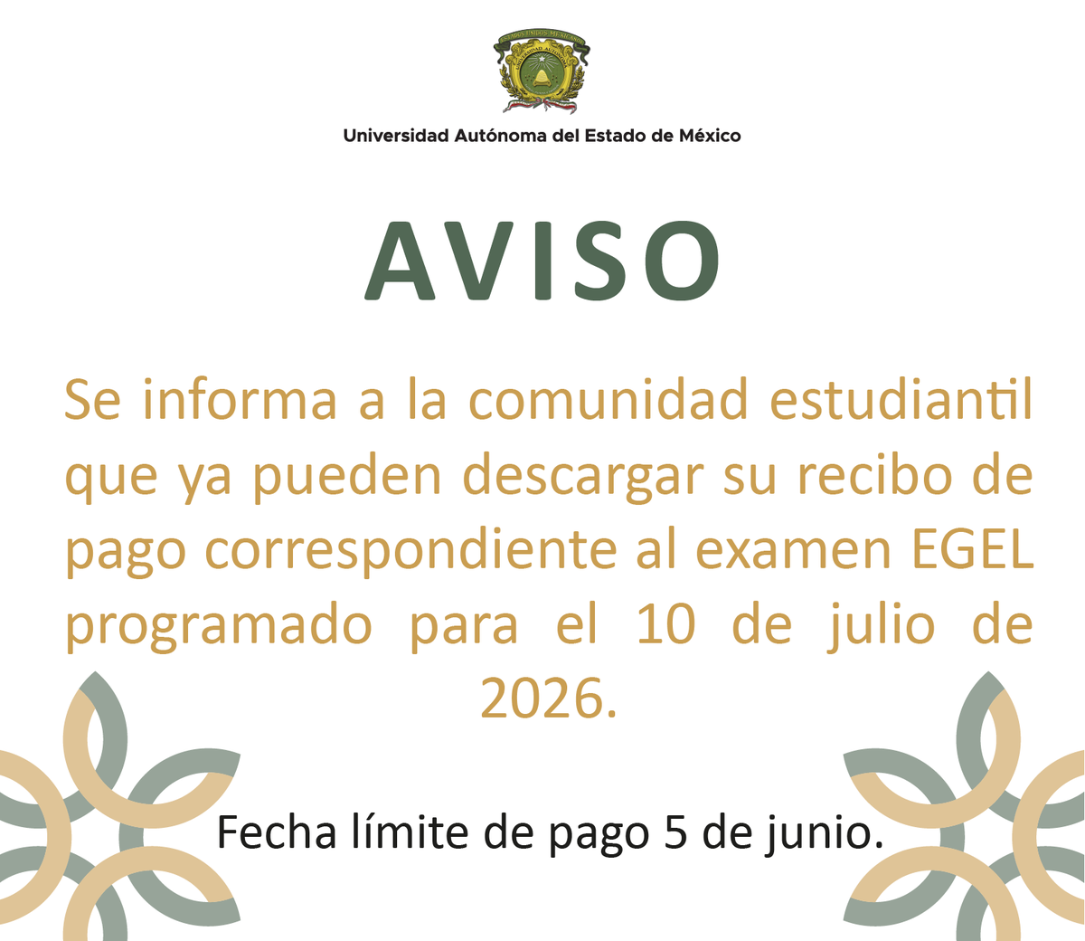 DEP_UAEM's tweet photo. AVISO EGEL 2026
Ya puedes descargar el recibo de pago para la aplicación del 10 de julio.

https://t.co/UTRPbyXO8Z

#tuaemex Ver menos https://t.co/r8nMPxZqyZ
