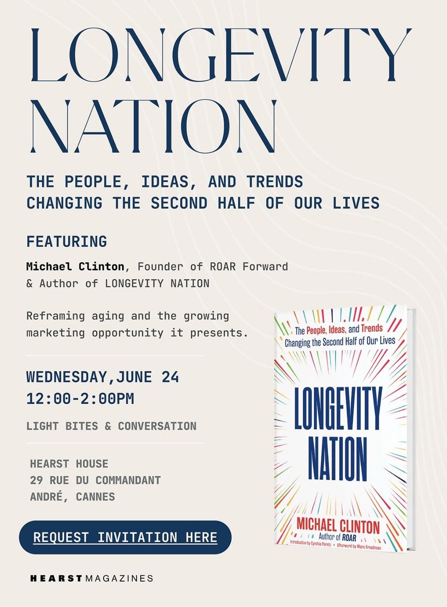 maclinton's tweet photo. If you're heading to #CannesLIONS, I hope to see you on June 24 at the Hearst House to talk longevity and what it means for marketing, brands, advertising, and creativity. https://t.co/uNnjKqUnNM https://t.co/Sdt5reuIR8