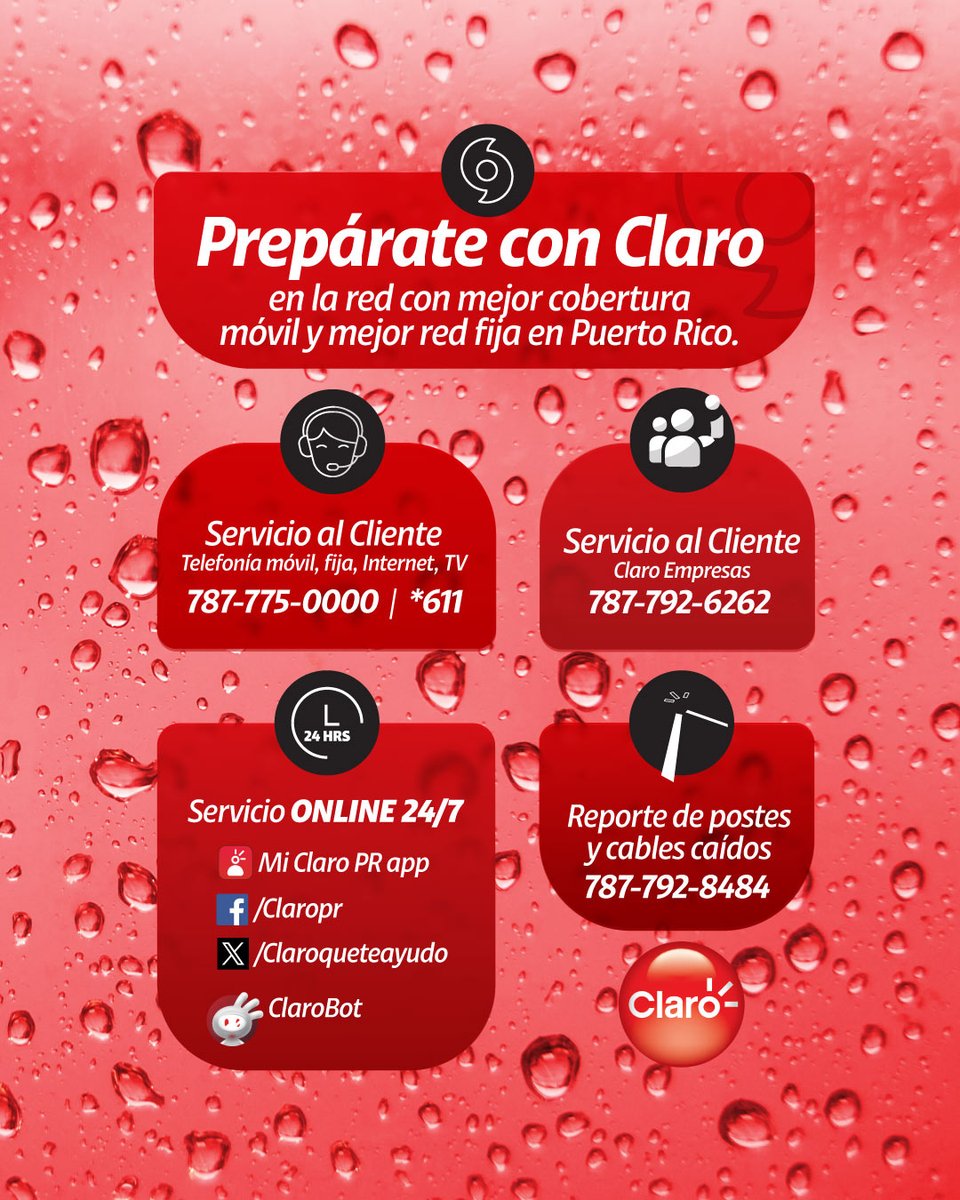 clarotodo's tweet photo. 🚩Guarda este post. En temporada de huracanes o ante cualquier emergencia, estamos contigo.

Conéctate, infórmate y prepárate con Claro, líder en cobertura móvil y mejor red fija en Puerto Rico. https://t.co/NSAgkFh90E
