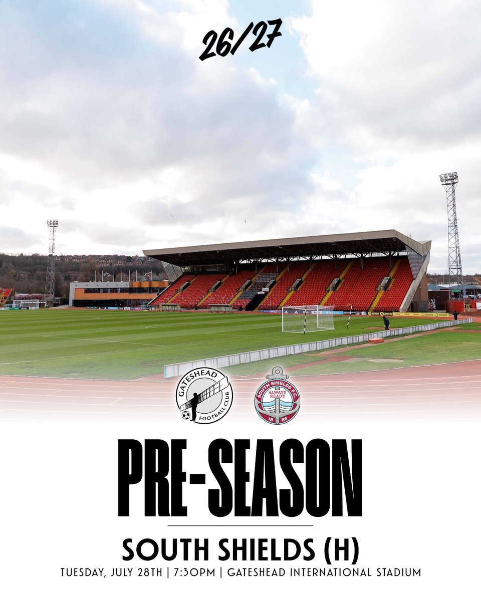 GatesheadFC's tweet photo. Our first confirmed home game of pre-season! ✅🤝

We will face South Shields at the GIS on Tuesday, July 28th (7:30pm kick off) 👊

#WorClub ⚪️⚫️ https://t.co/Xb3MtcukBJ