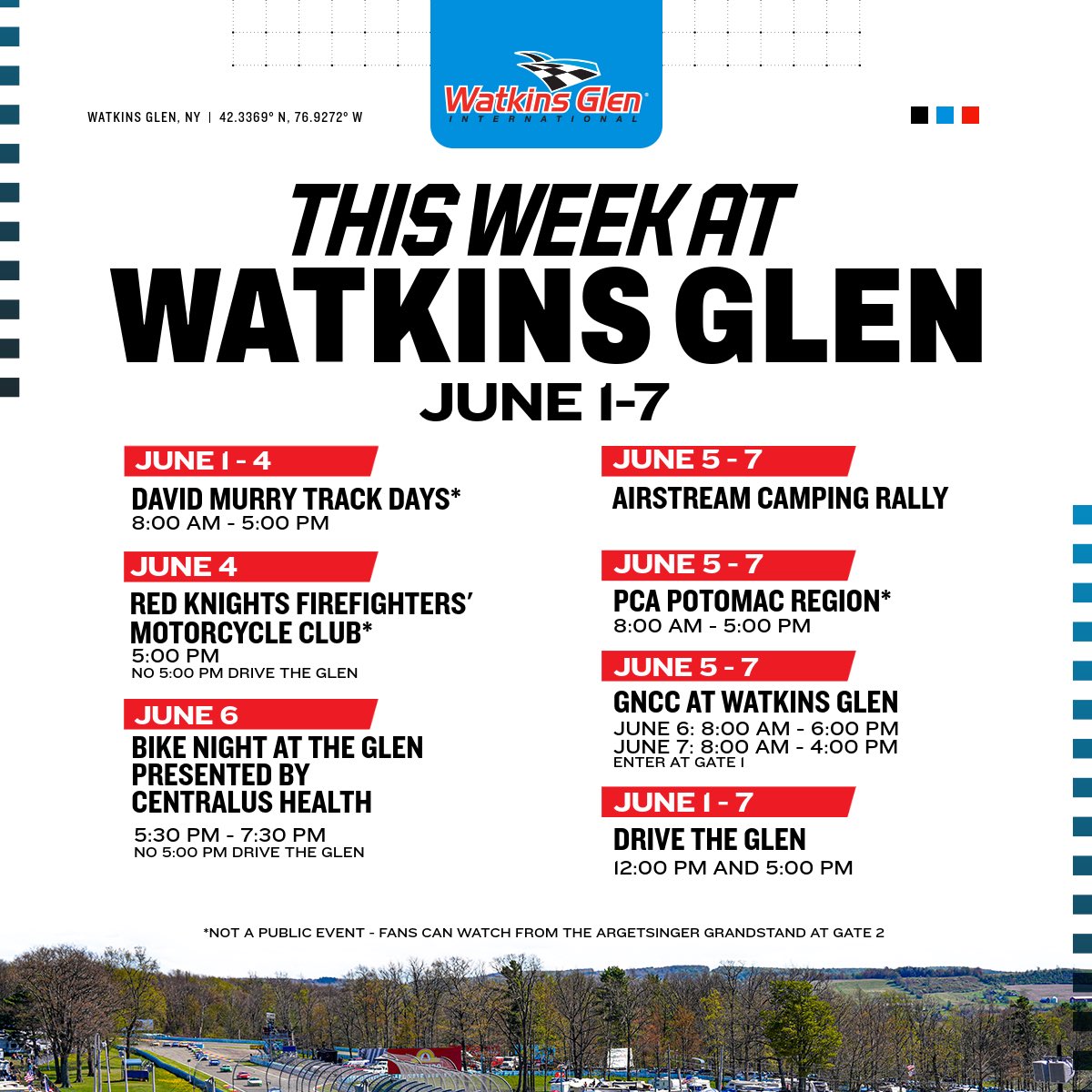 WGI's tweet photo. 🏁This Week at The Glen🏁  Don't miss a moment! Check out everything happening at Watkins Glen International this week! https://t.co/GPG6BjODbL