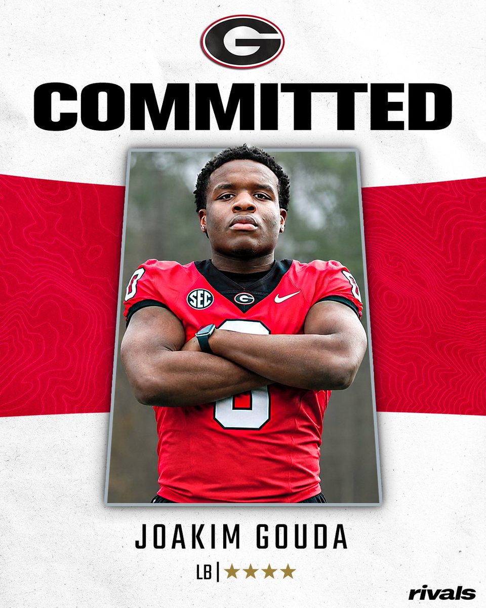 Rivals's tweet photo. 🚨BREAKING🚨 Elite LB Joakim Gouda has committed to Georgia, @ChadSimmons_ reports🐶

Gouda ranks No. 31 NATL. (No. 2 LB) in the Rivals300.

Read: https://t.co/wfPegnzywl https://t.co/yQnT413gdQ