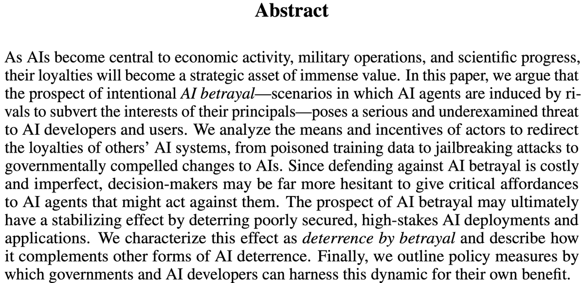 AdamK133's tweet photo. When labs trigger an intelligence explosion, they should worry about AI backdoors activating to sabotage their compute or their attempt.

In a new paper, we study AI betrayal—how adversaries can make AIs work against their developers. 🧵 https://t.co/17PS5XqBuP