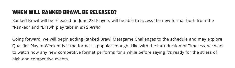 fireshoes's tweet photo. Introducing Ranked Brawl #mtg #mtgBrawl #mtgArena

"Since its release, Brawl has steadily been growing in popularity and is now the second most played Constructed format on MTG Arena."

Ranked Brawl will be released on June 23! https://t.co/wm1tlxWBwf