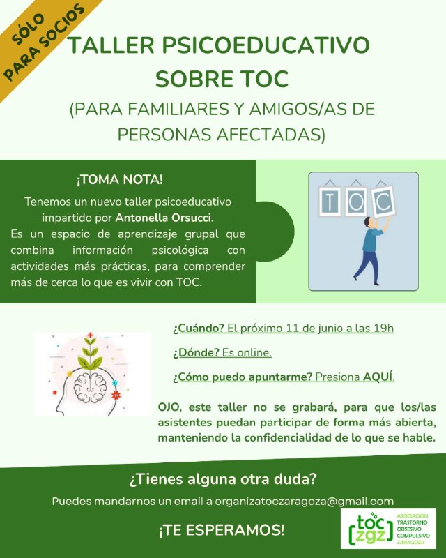 toczaragoza's tweet photo. Próximo taller psicoeducativo para familiares y amigos de personas afectadas de #TOC ¡Exclusivo para socios! https://t.co/LgzaswhM4H