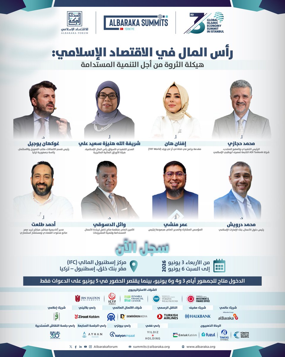 albarakaforum's tweet photo. شاركوا في حوار عالمي حول مستقبل رأس المال ودوره في بناء اقتصاد أكثر استدامة وتأثيرًا، حيث تلتقي القيم مع الابتكار والعمل المؤسسي لصناعة أثر اقتصادي حقيقي.
سجّلوا الآن في القمة العالمية الثالثة للاقتصاد الإسلامي في إسطنبول، تحت عنوان "رأس المال في الاقتصاد الإسلامي: هيكلة الثروة من أجل التنمية المستدامة": https://t.co/CwjyUk5iTz

تُعقد القمة في مركز إسطنبول المالي (IFC) @tvfifm – مقر بنك خلق @Halkbank، من الأربعاء إلى السبت | 3 – 6 يونيو 2026.
 الدخول متاح للجمهور أيام 3 و4 و6 يونيو، بينما يقتصر الحضور في 5 يونيو على الدعوات فقط.

#منتدى_البركة #الاقتصاد_الإسلامي #التمويل_الإسلامي #قمة_عالمية #القمة_العالمية_الثالثة_للاقتصاد_الإسلامي #التنمية_المستدامة #تركيا #إسطنبول #الحلال #الوقف #رأس_المال

@InvestTurkey @trwealthfund @ICYF_Official @TurkishAirlines @anadoluajansi @ziraatkatilim @iqraamedia @Takasbank @Fuzulev @TREmlakKatilim @YildizHoldingTR @kalyon_insaat @Halal360co 

@ADIBTweets @efnan_han @trtworld @SecComMalaysia @emiratesislamic @EthisCrowd