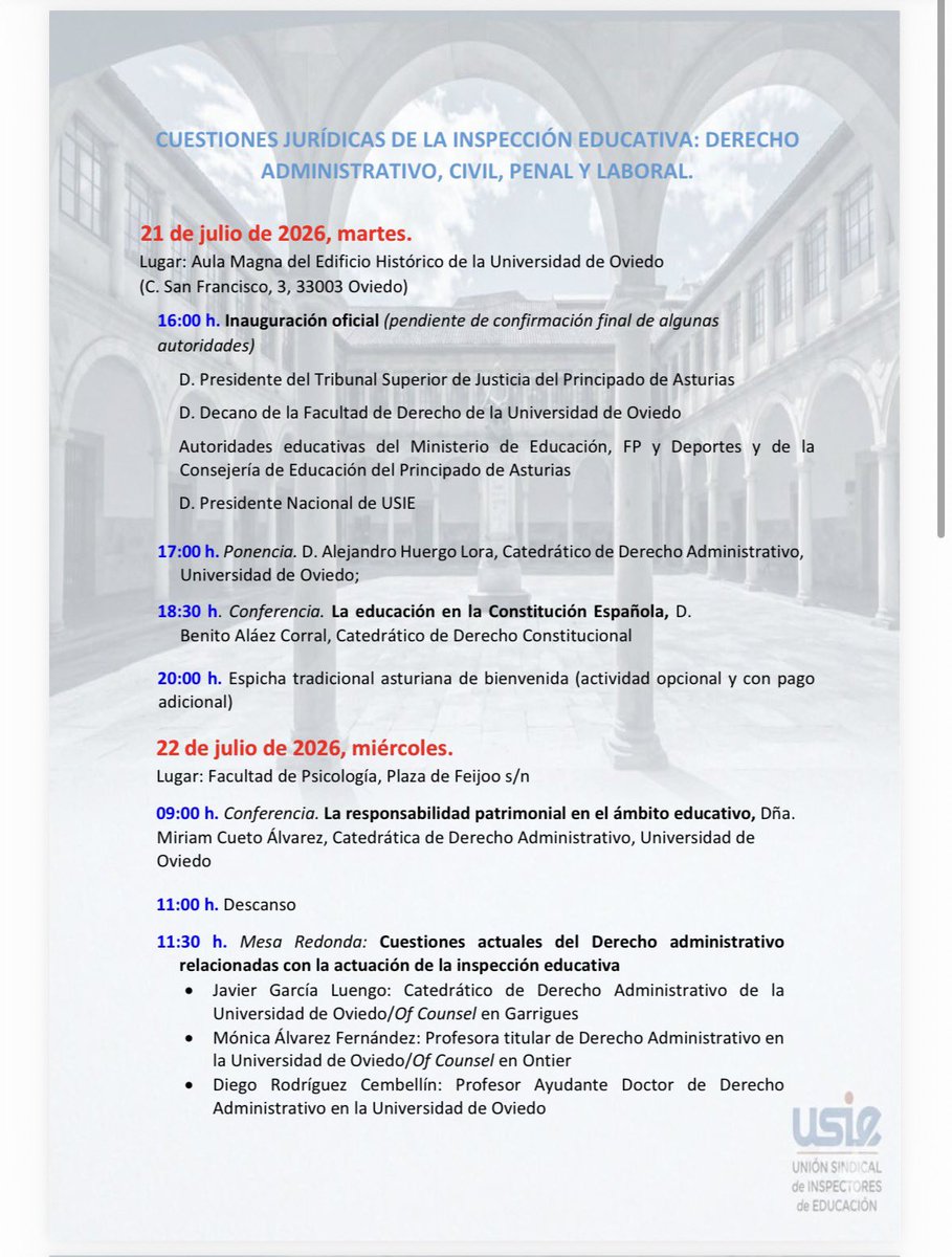 USIE_inspeccion's tweet photo. 📢 ¡Abierta inscripción!

La Universidad de Oviedo y USIE organizan el Curso de Verano "Cuestiones jurídicas de la Inspección Educativa: Derecho Administrativo, Civil, Penal y Laboral".

📅 21-24 julio 2026 | 📍Oviedo
🎓 1 crédito ECTS

¡Plazas limitadas!

https://t.co/8tTk7VRRDp https://t.co/WIFqlQPQi8