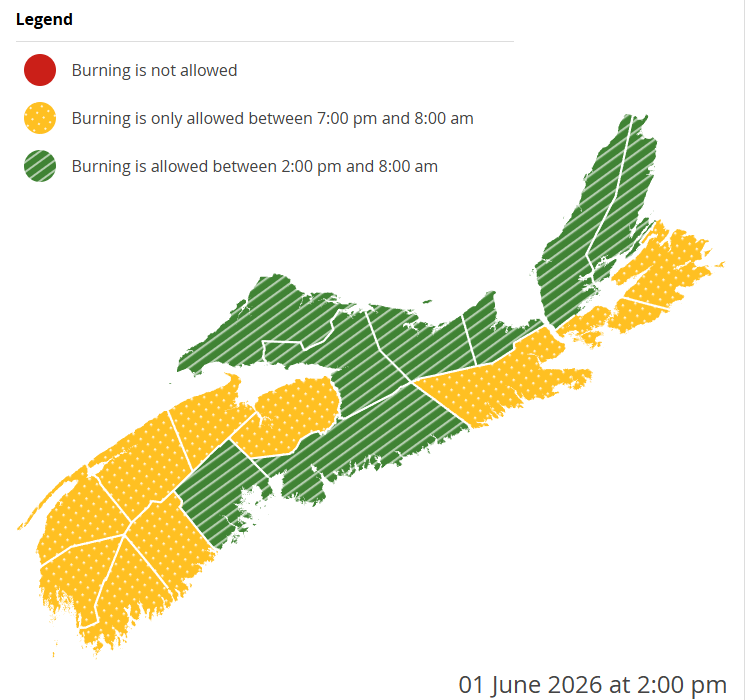NS_DNR's tweet photo. Burning is not permitted between 8am and 2pm. 

Check before you burn and know your municipal bylaws. 

https://t.co/nEMLDfeFq5 https://t.co/G6CwxLaH27