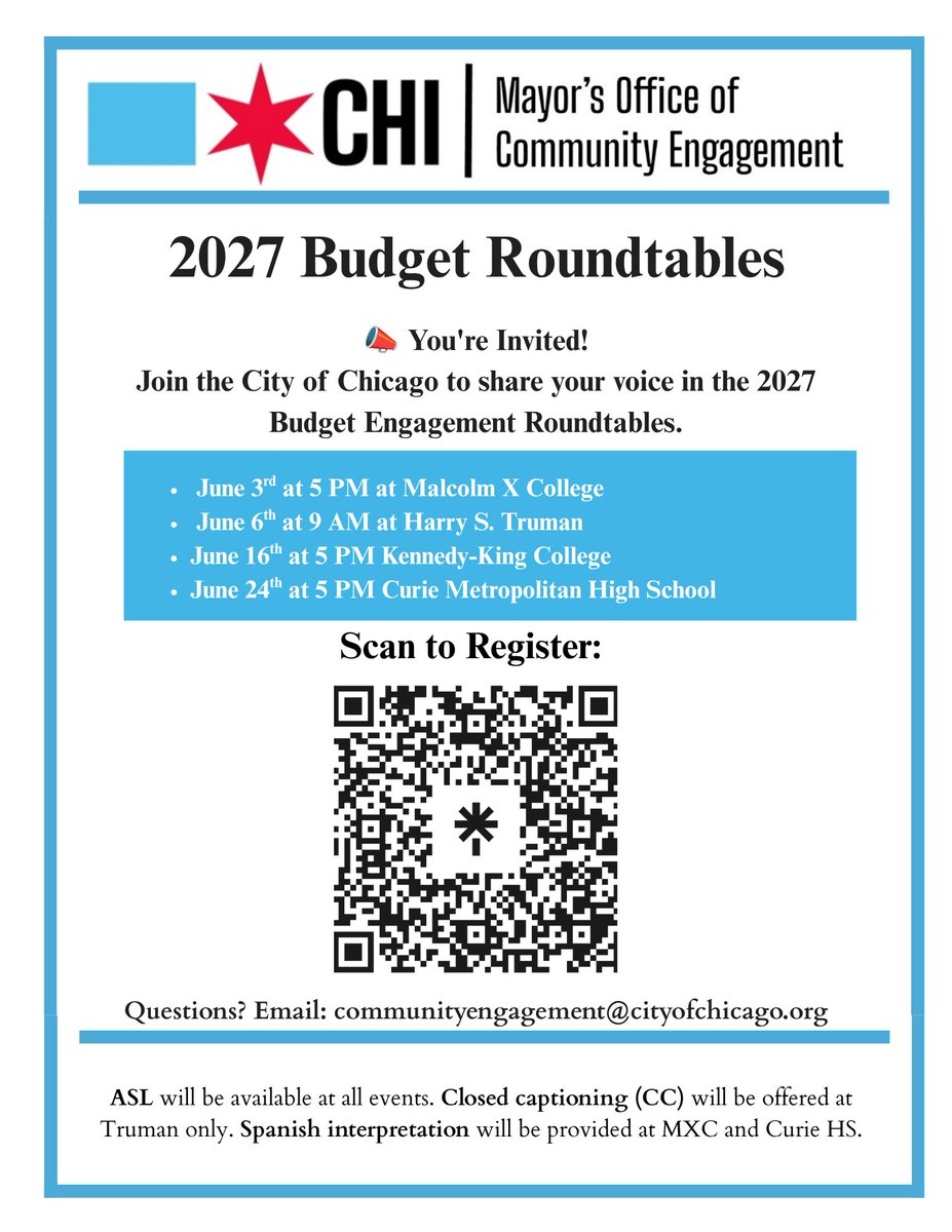 ChicagoBudget's tweet photo. 📢 Have a say in Chicago's FY2027 budget.
 
Join one of five Budget Engagement Roundtables across the city, including dedicated Spanish-language sessions, to share your priorities and help shape funding decisions.
📅 June 3, 6, 16, 24 &amp; 25
 
🔗 Register: https://t.co/VpxkKVhuum https://t.co/ukJfnHEyot