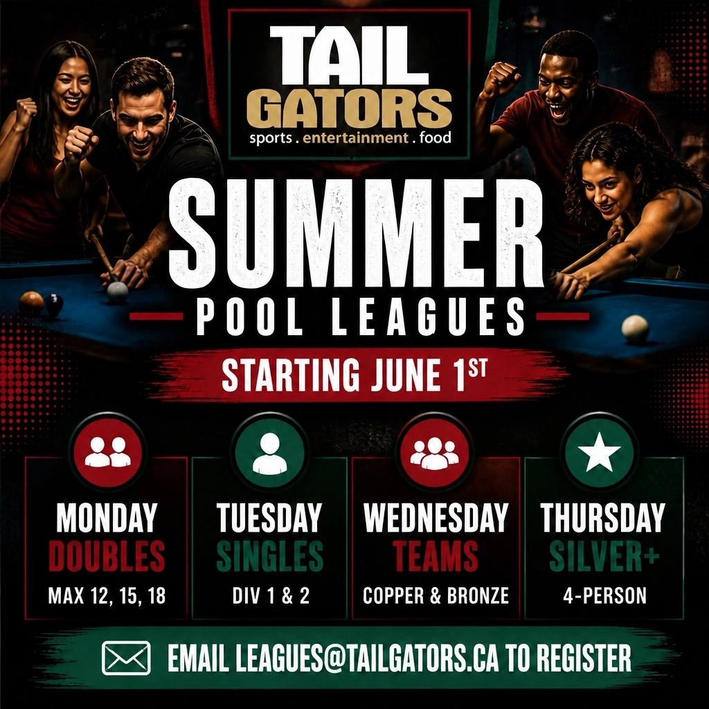 tail_gators's tweet photo. TODAY IS THE START! 🎱 Summer Pool Leagues kick off TONIGHT at TailGators! 

FINAL CHANCE TO JOIN:
Monday Doubles | Tuesday Singles
Wednesday Teams | Thursday 4-Person

Grab some wings and get in the game! 🍗
Email leagues@tailgators.ca NOW to secure your spot! 🏆 https://t.co/4PEmTJZruP