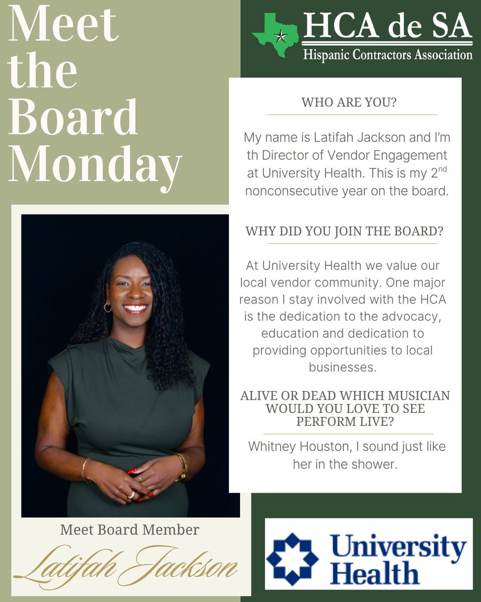 HCAdeSA's tweet photo. 🌟📷It's Meet the Board Member MONDAY!📷📷  

I am pleased to introduce you to our Board Member, Latifah Jackson, Director of Vendor Engagement, from University Health.     

 #monday #sanantonio #nonprofitorganization #volunteer https://t.co/iKPyFWDj1X