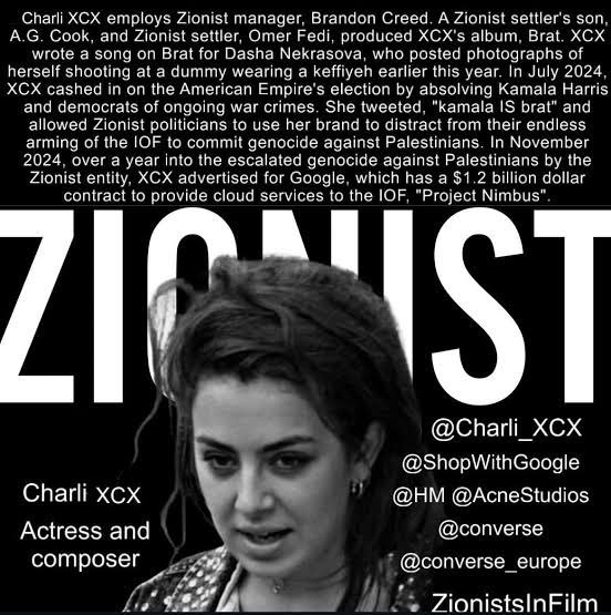 swiftism100's tweet photo. 🚨 REMINDER that Charli xcx is a Zionist. https://t.co/RjFYhGaQBu