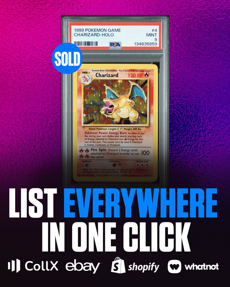 CardDealer_Pro's tweet photo. Card Dealer Pro lets you instantly list your TCG cards  inventory to @CollX_App , eBay, Shopify, and Whatnot with a single click. These cards are proof of what happens when your inventory gets maximum exposure. 📈 https://t.co/wMyu4LHXYV