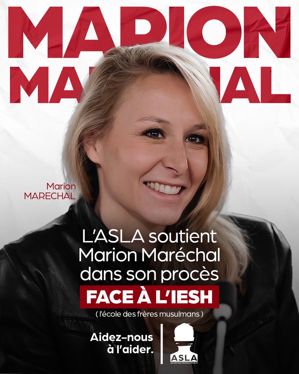 ASLA_asso's tweet photo. 🔴 L’ASLA apporte son soutien à Marion Maréchal dans son procès en cours contre l’IESH, école islamiste dissoute par l’État en 2025 ⤵️

Depuis des années, Marion Maréchal alerte sur l’islamisme en France et un de ses principaux relais, l’Institut Européen des Sciences Humaines de Château-Chinon, centre de formation lié à la mouvance des Frères musulmans en France et en Europe.

➡️ En 2024, elle lançait avec l’élu local Pascal Lepetit pendant la campagne des Européennes plusieurs alertes et enquêtes sur cette structure, dénonçant ses liens avec l’UOIF (devenu Musulmans de France) et les Frères musulmans, ses financements étrangers, et son rôle dans la diffusion de l’islam politique.

⚖️ Alors même que l’IESH a depuis été dissoute par l’État pour islamisme, Marion Maréchal et Pascal Lepetit ont été condamnés pour diffamation en première instance pour avoir simplement alerté avant tout le monde sur la face cachée de cette école islamiste.
Le délibéré en appel sera rendu le 15 juillet prochain et ils risquent plusieurs milliers d’euros d’amendes.

➡️ Cette affaire est emblématique du “djihad judiciaire” utilisé contre ceux qui dénoncent l’islamisme et l’entrisme frériste en France.

L’ASLA accompagnait déjà juridiquement et financièrement Pascal Lepetit dans cette procédure.
Nous étendons également notre soutien à @MarionMarechal dans cette nouvelle phase du combat judiciaire.

✊ Nous continuerons à défendre tous ceux qui alertent sur l’islamisme, malgré les procédures d’intimidation et les tentatives de censure.

🤝 Nous avons besoin de votre aide pour financer ces combats judiciaires essentiels à la liberté d’expression et contre l’islamisme dans notre pays.
Faites un don à l’ASLA pour défendre les lanceurs d’alerte ⤵️
https://t.co/9iawHemM5o