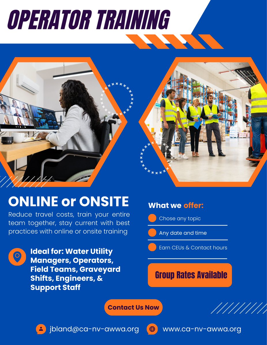 CANVAWWA's tweet photo. Ready to boost your team’s skills? Our Operator Training is perfect for water professionals—whether you prefer online or onsite sessions! Choose your topic, pick your time, and earn CEUs together. Group rates make it even easier. Reach out today and let’s get started! 🌊 https://t.co/X05VU7ptHo