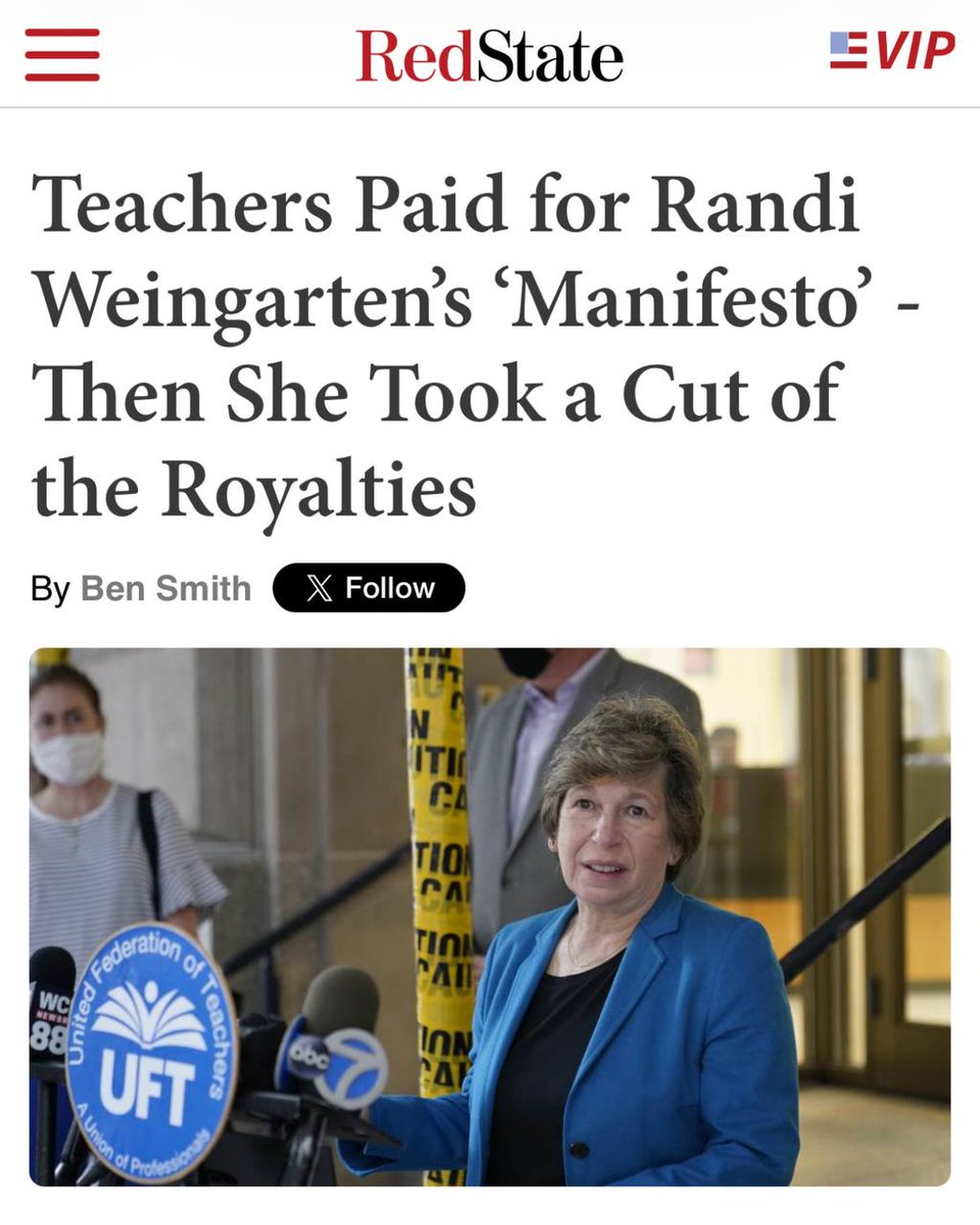 FreedomFdtn's tweet photo. Teachers’ dues paid to produce Randi Weingarten’s $1.4 MILLION communist manifesto.

Ghostwriters, lawyers, and photo shoots were all approved by the AFT with zero member input. She publicly promised half the royalties to union charities. Instead, the AFT funneled $125,000 into a brand-new Delaware LLC for Weingarten herself.
