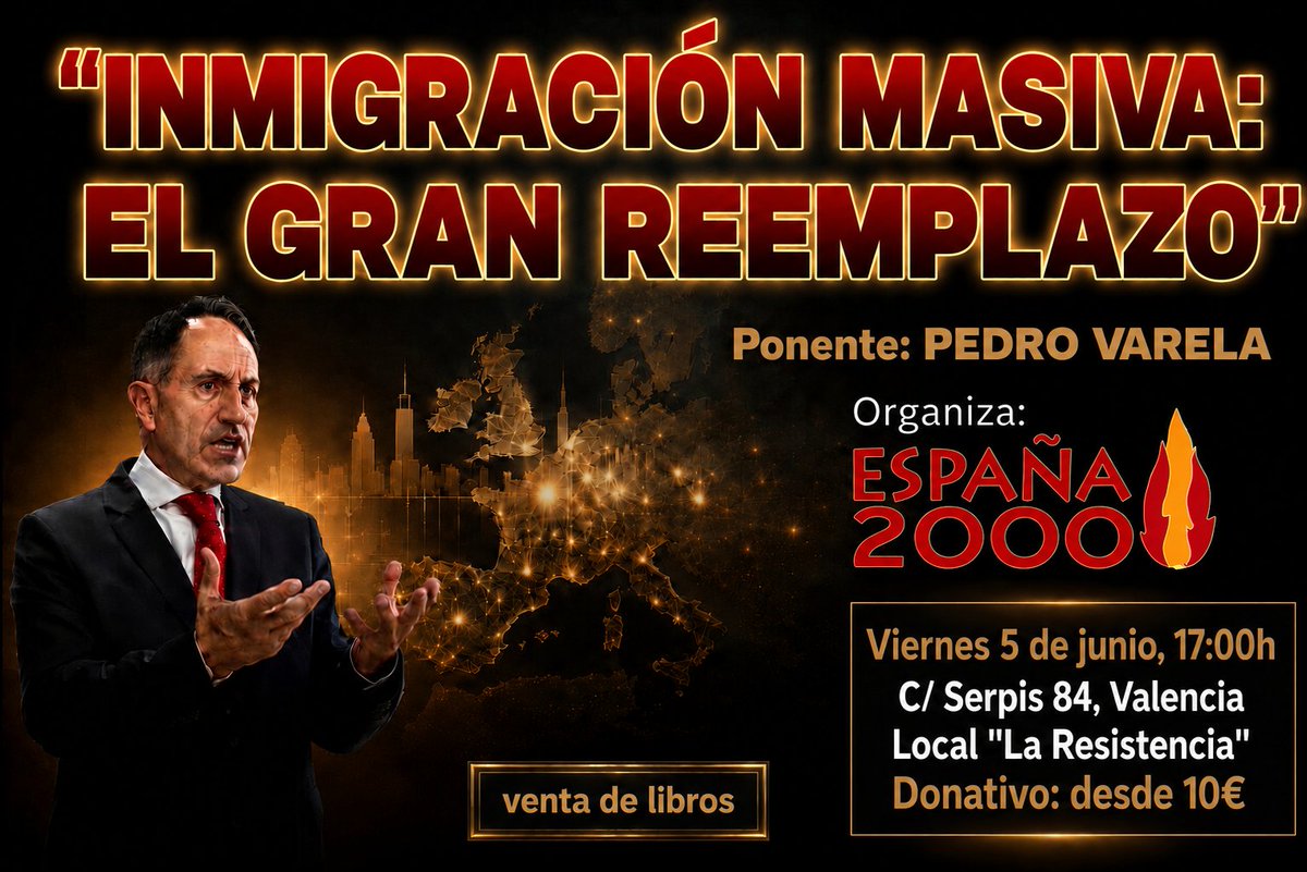 Espana_2000's tweet photo. Este viernes, nueva jornada cultural de los Tardeos de la Tercera Posición con Pedro Varela.

14:30h: comida de hermandad (15€). 

17:00h: conferencia (10€).

Información y reservas: 650748342. https://t.co/ZfehUBVLj4